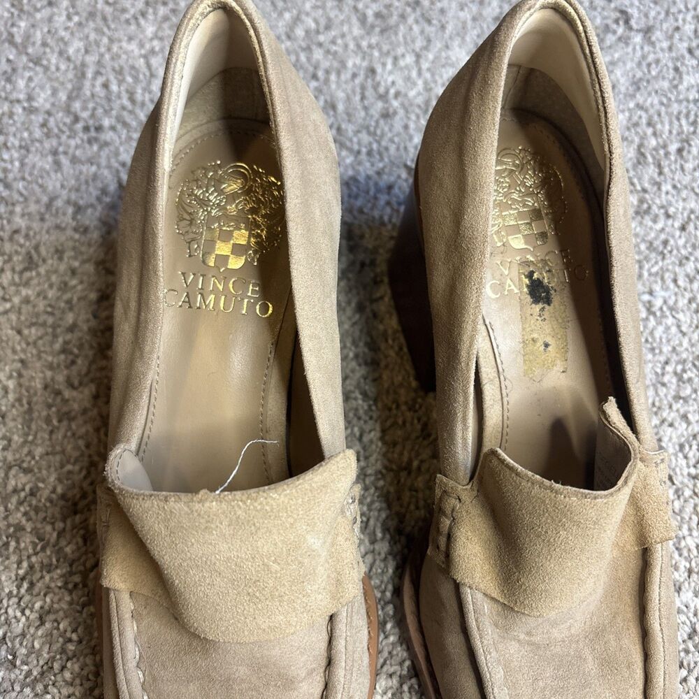 Vince Camuto 5M Segellis Pointed Toe Block Heeled Loafers Tortilla Suede Leather - Picture 3 of 8